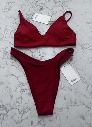 NWT Quince Cherry Red Italian V Neck Bikini Top & High Leg Bottom Set Size XS thumbnail 1
