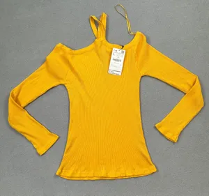 NWT Zara Trafaluc Top Yellow Ribbed Knit Asymmetric One Shoulder Long Sleeve thumbnail 1