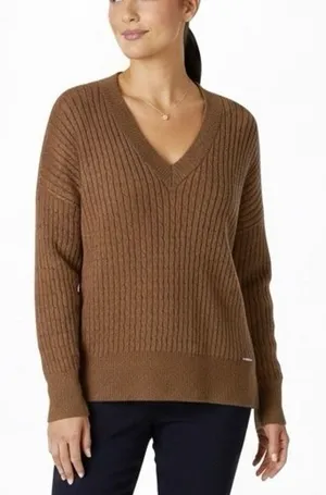 NWT Anne Klein Cable Knit V-Neck Sweater Cognac Brown Classic Preppy Size XL thumbnail 1