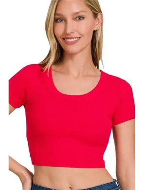Zenana Ribbed Scoop Neck Crop Short‎ Sleeve Top thumbnail 1