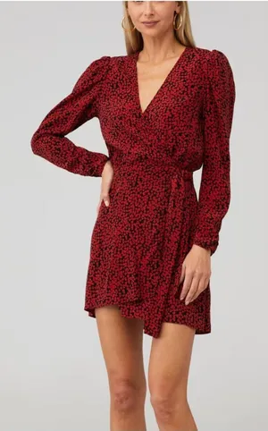 Free People Kinsley Wrap Dress Red Black Floral Combo Long Sleeve Size 0 thumbnail 1