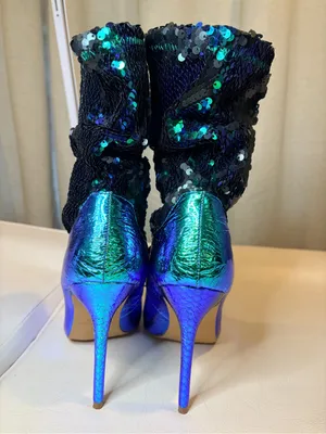 Liliana Iridescent Blue-Green Sequin Pointed Stiletto Boots thumbnail 3