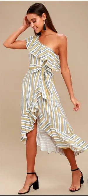 Lulus High Tide Yellow Striped One Shoulder Midi Dress‎ thumbnail 1
