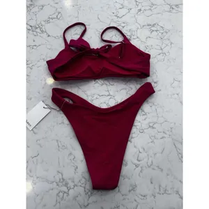 New Quince Cherry Red Scoop Neck Bikini Top & High Leg Bottom Set Size Medium thumbnail 2