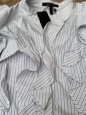 BCBGMaxAzria Blue and White Striped Ruffle Button-Front Blouse thumbnail 2