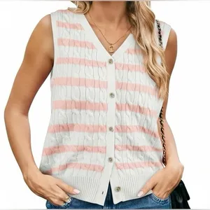 Wiholl cable knit sleeveless sweater. Pink on ivory stripes. Size Small thumbnail 1