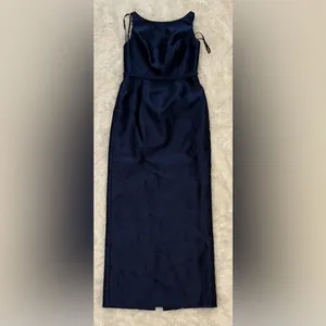 NEW Alfred Sung Strapless Bow Belt Satin Twill Column midnight blue Gown Sz 2 thumbnail 4