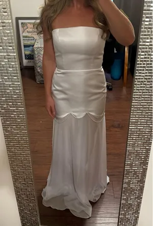 Bridal White Satin Strapless Dress with Shear Chiffon Underlay and Scarf with Pearl Beading thumbnail 2