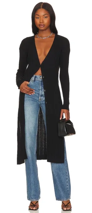 Free People Skylight Ribbed Longline Cardigan Black Button Front Small‎ thumbnail 1