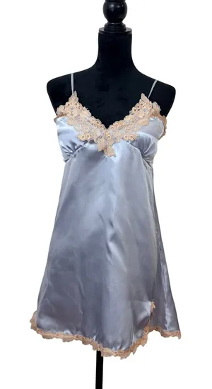 Pastel Blue Satin Lace Chemise Nightgown Cream Floral Embroidery Ethereal Dress thumbnail 1