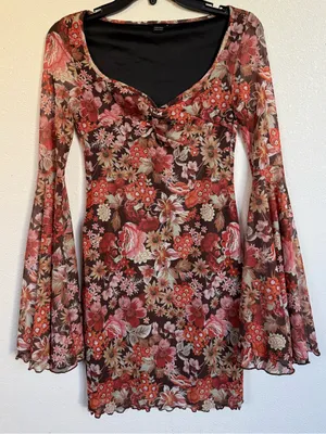 Y2K Floral Mesh Mini Dress Bell Sleeves Ruched Bust Boho Fairycore Grunge Size S thumbnail 2