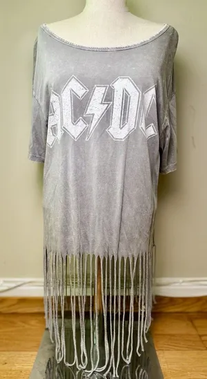 AC/DC Women's Short Sleeve Cropped T-shirt Grey Band Tee Fringe Size XL thumbnail 1
