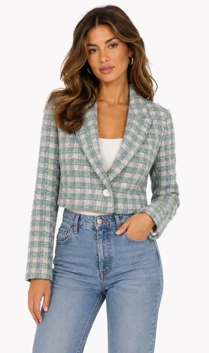 Zara Sea Green, Lavender & White Textured Cropped Single Breasted Blazer thumbnail 1