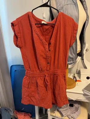 LOFT Rust Red Short-Sleeve Button Tie-Waist Tunic thumbnail 1