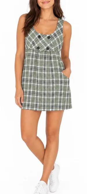 A-List by Wrapper Green Plaid Pinafore Mini Dress XL Sleeveless Jumper Pockets thumbnail 1
