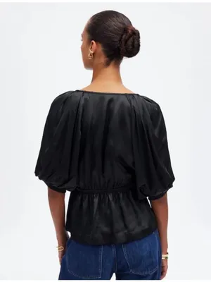 Madewell Black Shirred Puff-Sleeve Top in Satin - Size: Medium thumbnail 10