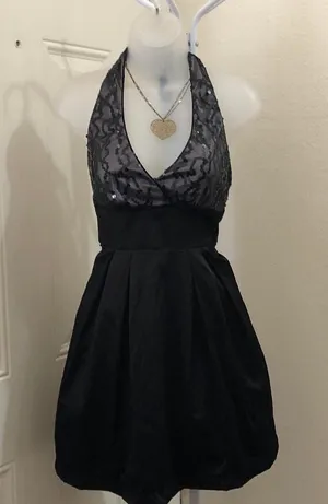 90s/2000s Y2K Vintage halter sequin lace mesh formal mini fit flare v-neck corset waist dress #gothic #whimsygoth #sleeveless #strapless #prom Made in USA thumbnail 1