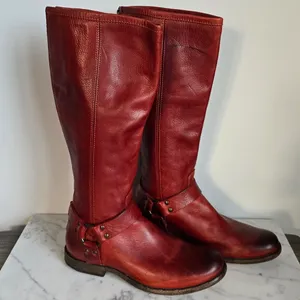 Frye, Phillip Harness Boots Red Burgundy Tall Leather Western Boot, Size 8.5 thumbnail 15