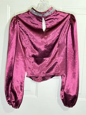 Plum Satin Puff-Sleeve Jewel Collar Blouse thumbnail 2