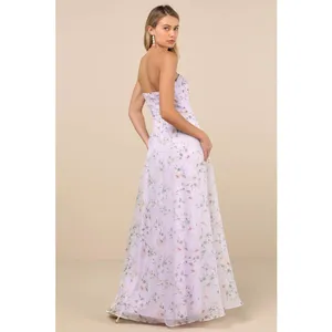 NWT Lulus Chic Preciousness Lavender Floral Organza Bustier Maxi Dress Gala XS thumbnail 3