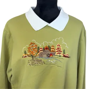 Vtg Green Collared Sweatshirt Autumn Embroidered Landscape Size XL Grannycore thumbnail 1