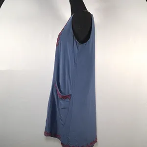 Madewell‎ 100% Silk Boho Geometric Embroidered Shift Dress Blue Red Size L thumbnail 9