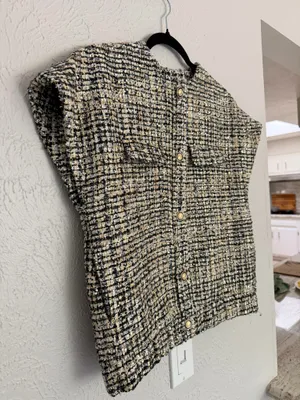 Zara collection black gold sequin tweed button down short sleeve blouse XS S thumbnail 5