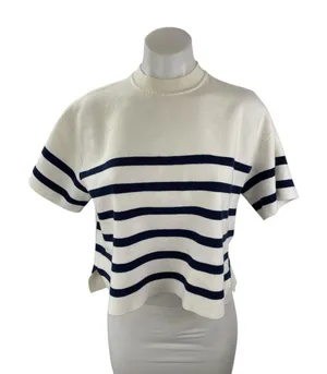 Abercrombie & Fitch White Blue Striped Short Sleeve Mock Neck Sweater Top Sz M thumbnail 1