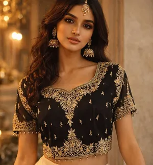 Embroidered Choli Beaded Blouse Top Sz Small Formal Wedding Festival Black Mesh thumbnail 1