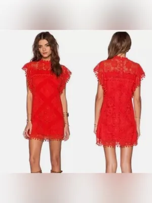 Tularosa revolve red lace pom pom shift mini dress women’s size small thumbnail 3