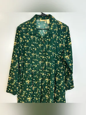 Vintage La Cera Green Floral Corduroy Button Down Cottagecore Midi Dress Large thumbnail 2