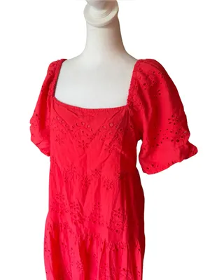 Cotton Maxi Dress Smocked Back Eyelet Puff Sleeve Coral Womens Large thumbnail 3