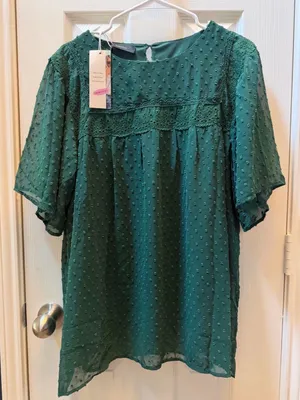 NWT Textured Green Blouse with Lace Yoke thumbnail 1