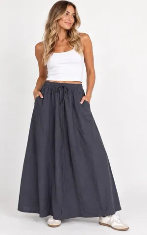NWT neuflora skirt linen pockets navy full long skirt L thumbnail 1