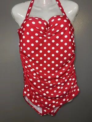 Red Polka Dot Swimsuit Womens XL Halter Ruched One Piece Padded Swimwear thumbnail 2