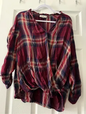 Vintage America Tiffany Plaid Surplice Blouse Roll Tab Sleeve Medium thumbnail 2