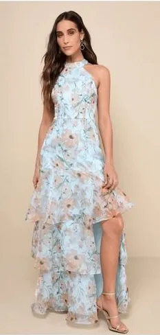Lulus Forever Exceptional Light Blue Floral Halter Organza Maxi Dress, Medium‎ thumbnail 1