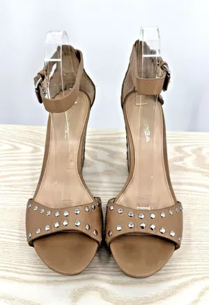 Via Spiga 3.5' Tan Leather Moto Silver Studded Platform Wedge Sandals 9M Biker thumbnail 1