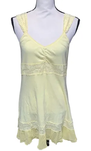 Yellow Lace-Trim Strappy Babydoll Dress Mini Ruched thumbnail 1