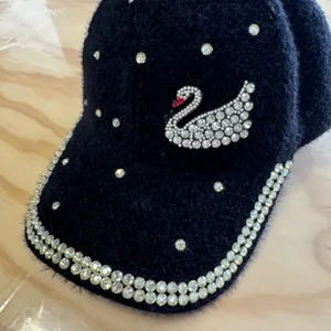 Boutique Black Fuzzy Rhinestone Swan Baseball Cap Adjustable Crystal Bling Hat thumbnail 3