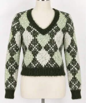 Lovers and Friends Tanessa Argyle Sweater Womens XS Green Fuzzy Knit Preppy Wool thumbnail 1