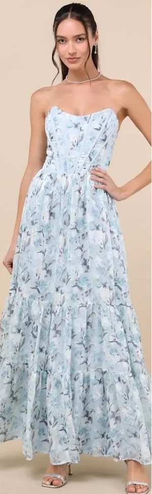 Lulus Special Moment Light Blue Floral Strapless Bustier Maxi Dress Size Large thumbnail 1