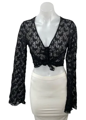 H&M Women's Black Butterfly Floral Lace Mesh Sheer Long Sleeve Crop Top Size M thumbnail 1