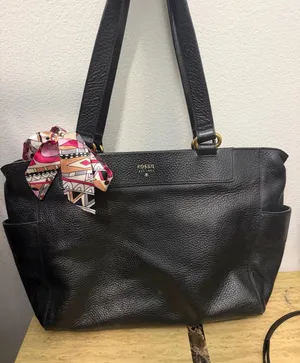 Fossil Black Leather Large Tote Bag with Decorative Scarf thumbnail 1