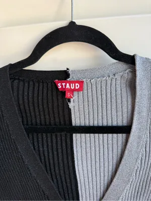 STAUD Two-Tone Ribbed V-Neck Cardigan - Black & Gray thumbnail 2