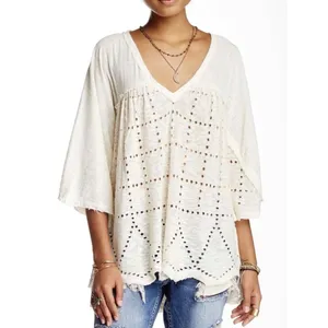 Free People "Summer Lovin" Linen Blend Frayed Trim Top Blouse Size XS $128‎ thumbnail 2