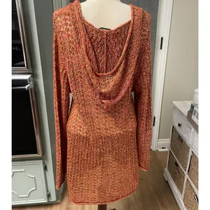 Coldwater Creek Hooded Sweater Size Medium Orange Loose Knit Cover Up Tunic thumbnail 3
