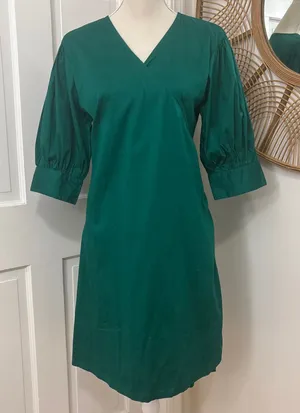 S'edge‎ Poplin Wrap Dress L Emerald Green Puff Sleeve Career Chic Classic thumbnail 1
