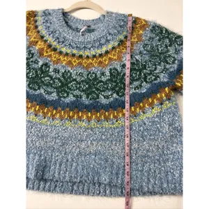 Free People Festive Frost Fair Isle Fuzzy Sweater Small Blue Green Oversized thumbnail 8