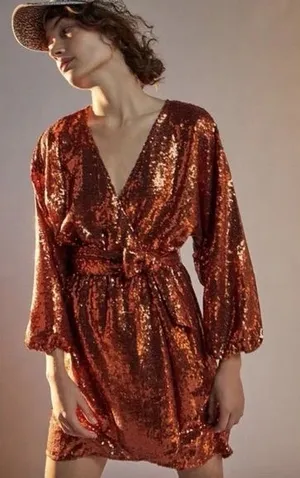ANTHROPOLOGIE LISABETTE SEQUINED MINI‎ DRESS IN DARK ORANGE size small thumbnail 1